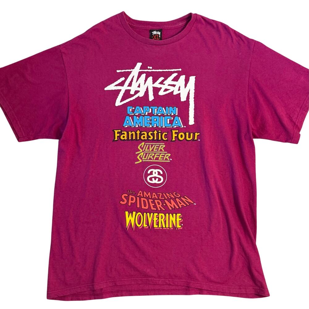 VTG Stussy x Marvel Graphic Shirt Super Heroes vs Villains Magenta Unisex XLarge